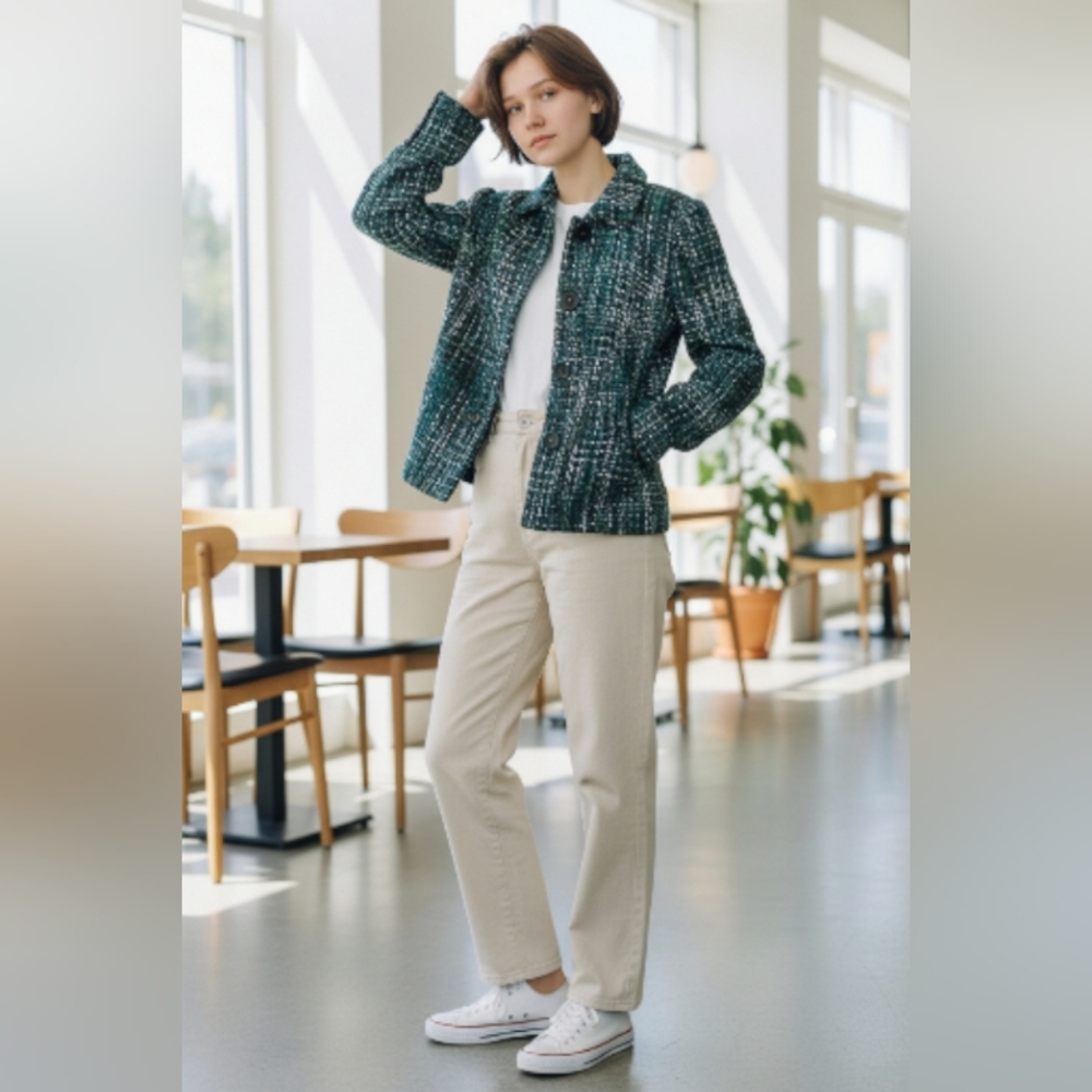 JM COLLECTION Green Tweed Blazer SIZE 16 W